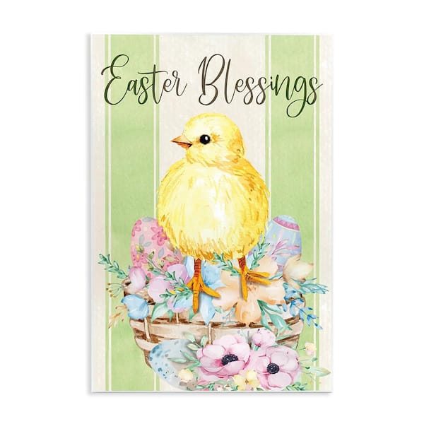 Easter Blessings Text Striped Yellow Chick Egg Basket by ND Art Unframed Typography Graphic Art Print 15 in. x 10 in.