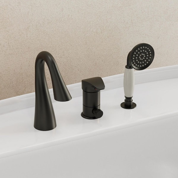 Transitional Waterfall Single-Handle Deck-Mount Tub Faucet with Vintage Hand Shower Roman Tub Filler in Matte Black