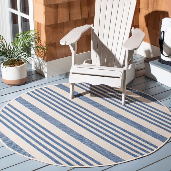 Courtyard Beige/Blue 8 ft. x 8 ft. Round Striped Indoor/Outdoor Patio  Area Rug