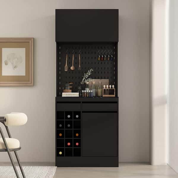 FUFU&GAGA Black Wood 31.5 in. W Buffet and Hutch Kitchen Storage Cabinet with Garbage Bin, Drawers, Wine Cube, Hook 78.7 in. H