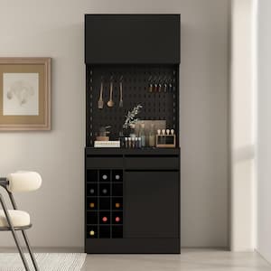 Black Wood 31.5 in. W Buffet and Hutch Kitchen Storage Cabinet with Garbage Bin, Drawers, Wine Cube, Hook 78.7 in. H
