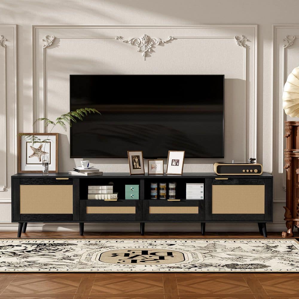 78.74 in. Black TV Stand Fits TVs up to 85 in. Entertainment Center with 2 Cabinets, 2 Drawers and Open Shelving price history on PriceWatchPro