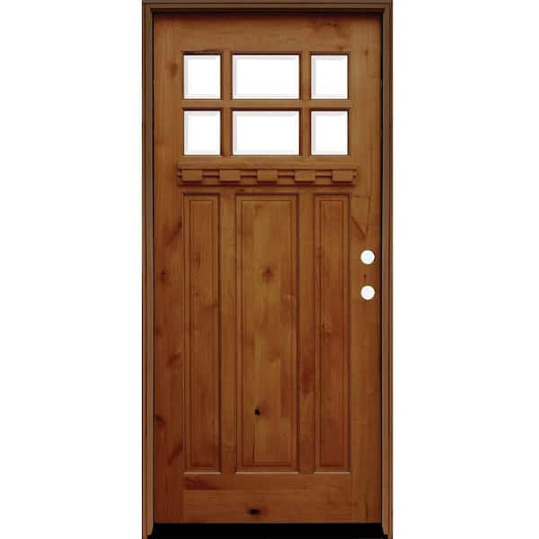 Pacific Entries 36 in. x 80 in. Craftsman Rustic 6 Lite Stained Knotty Alder Wood Prehung Front Door w/ 6 in. Wall Series & Dentil Shelf
