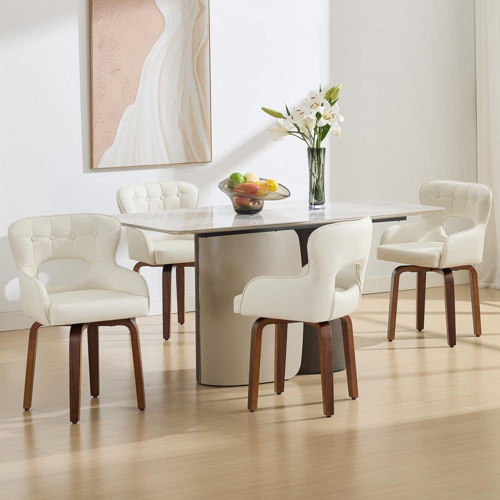 White Faux Leather Upholstered Solid Wood Kitchen Chairs Swivel Dining Chairs (Set of 4)