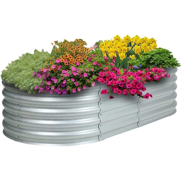 Aoodor 17 in. Tall 4-in-1 Silver Modular Metal Raised Garden Bed Kit Oval Planter Box for Vegetable Flower Herb