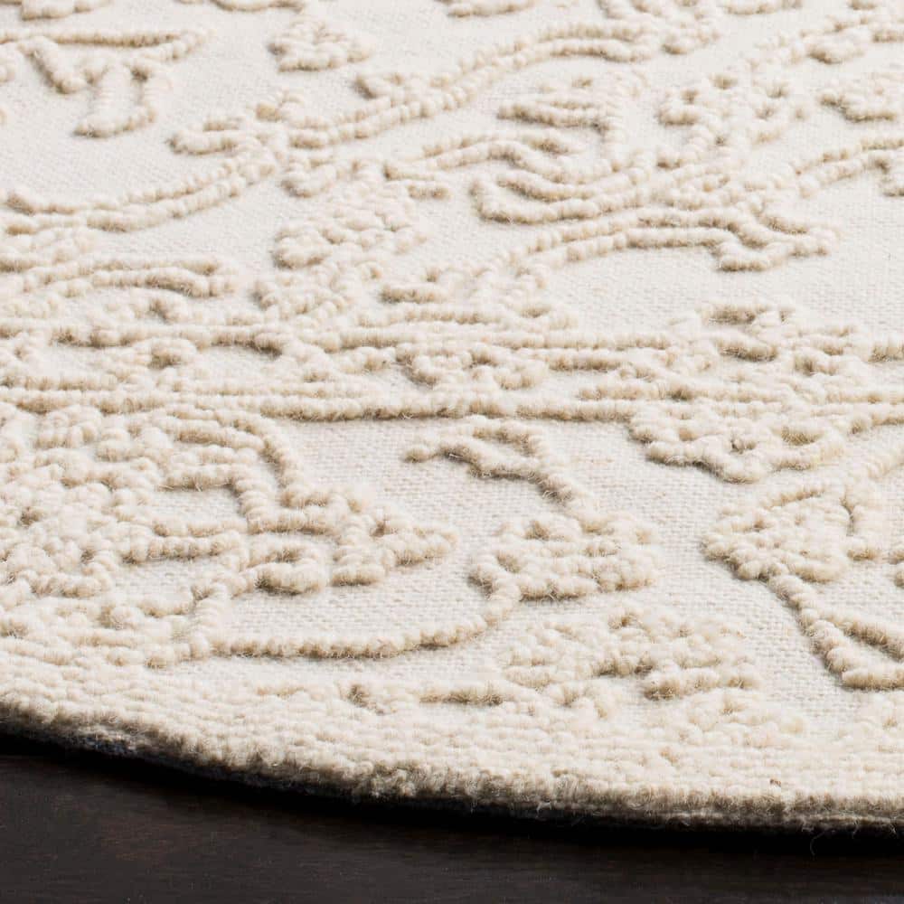 Ivory Floral Handmade Wool Round Area Rug, 6' Diameter