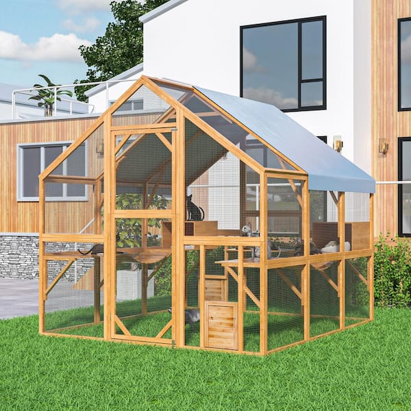 74.4 in. x 82.5 in. x 74 in. Large Wooden Outdoor Cat House, Log Cat Run Enclosure Walk in Cat Catio Kitten Condo