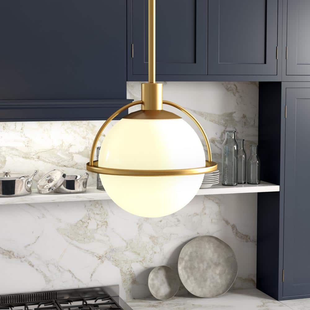Elegant Brass and White Milk Glass 9'' Drum Pendant Light