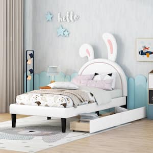 White Wood Frame Twin Size PU Leather Upholstered Platform Bed with Rabbit Ears Headboard, 2-Storage Drawers