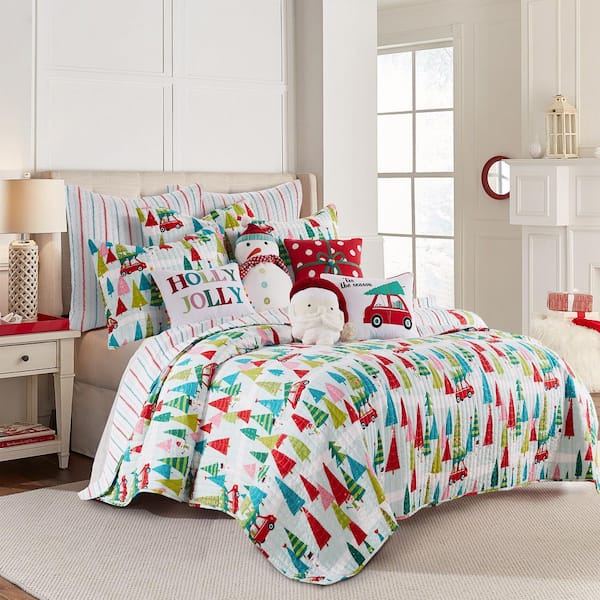 LEVTEX HOME Merry and Bright Holly Jolly Multi-Color Christmas Trees Reversing to Stripes King/Cal King Microfiber Quilt