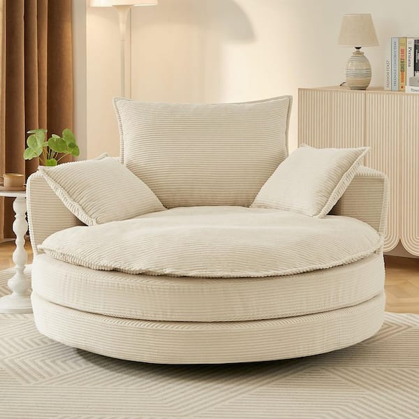 Beige Corduroy 360° Swivel Sofa Chair Accent Barrel Chair with Dual-Layer Cushion Design