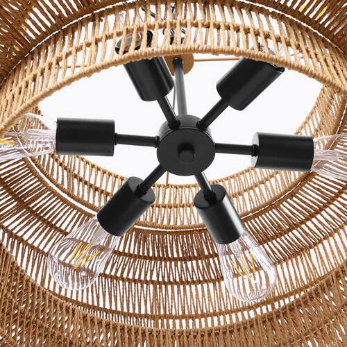 23.6 in. 6-Light 3-Tier Black Hand-Woven Rattan Drum Chandelier Lighting