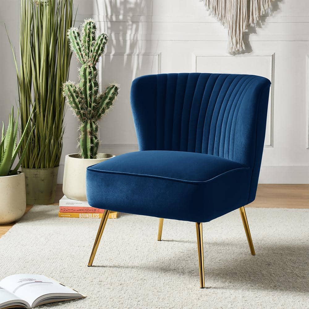 Victorian Navy Velvet Accent Chair with Curved Mahogany Legs
