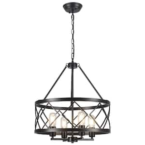 4-Light Black Farmhouse Chandeliers Drum Chandelier with Metal Shade for Dining Rooms