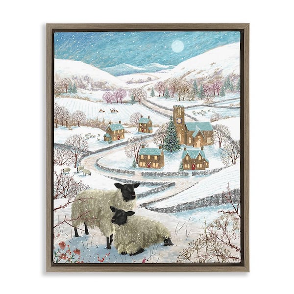 Stupell Industries Sheep on Wintery Hill by Pip Wilson 1 Piece Floater Frame Graphic Print Animal Poster Art Print 21 in. x 17 in.