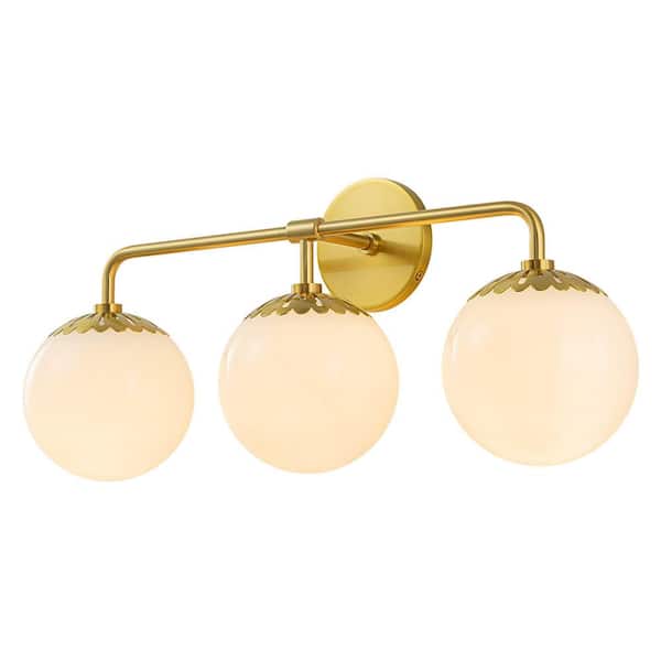 Ceder 23.6 in. W 3-Light Aged Brass Bathroom Vanity Light Floral Polished White Glass Wall Sconce Above Mirror