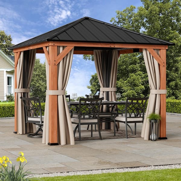 Ultra Series Wood Gazebo 10 ft. x 10 ft. Cedar Framed Wooden Gazebo with Galvanized Steel Roof, Netting and Curtains