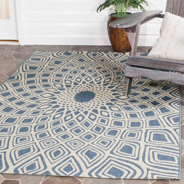 Courtyard Blue/Beige 9 ft. x 12 ft. Geometric Indoor/Outdoor Patio  Area Rug