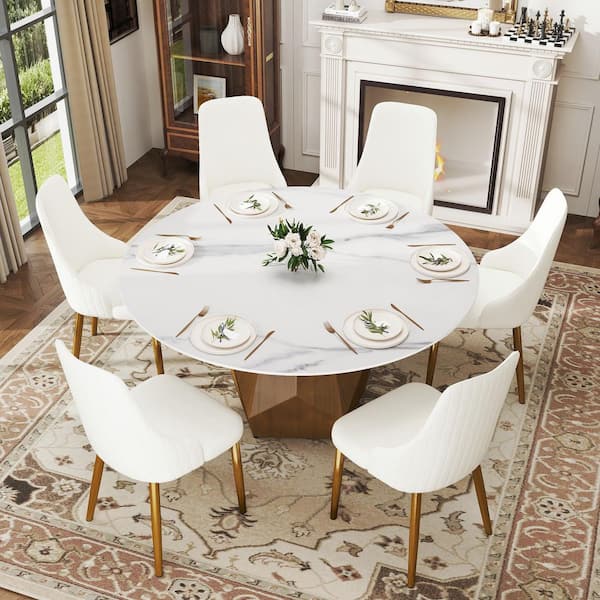 59 in. White Circular Sintered Stone Tabletop Bronze Pedestal Base Kitchen Dining Table (Seats-8)