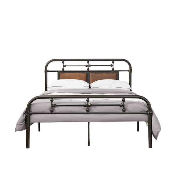56.3 in. Brown Full Metal Frame Platform Bed with Headboard Soft ...