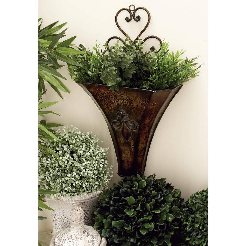 Brown Iron Scrollwork Indoor Outdoor Wall Planter Set