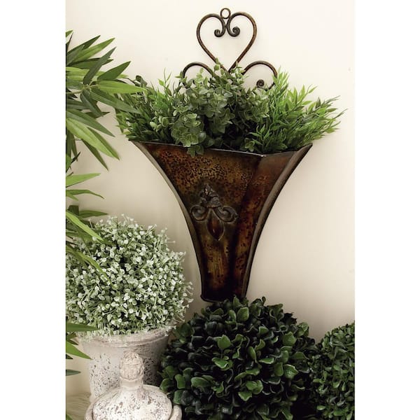 18in. Medium Brown Metal Scroll Indoor Outdoor Hanging Wall Planter (2- Pack)