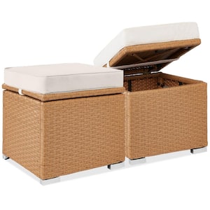 Natural Wicker Outdoor Ottomans Storage Box Footstool with Removable Ivory Cushions (2-Piece)