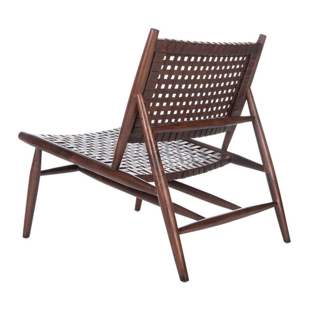 Transitional Brown Leather and Sungkai Wood Armless Accent Chair