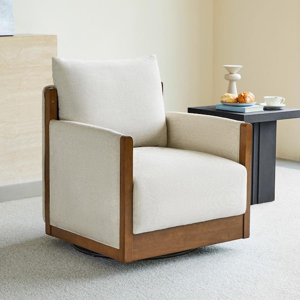 Milo Linen Modern Fabric Swivel Accent Chair with Walnut Solid Wood Frame Armchair for Livingroom or Bedroom