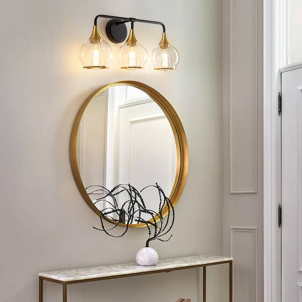 22.4 in. 3-Light Black and Gold Bathroom Vanity Light with Clear Globe  Glass Shades