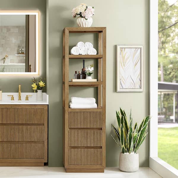 Navan 20 in. W x 15 in. D x 72 in. H Brown Plywood Freestanding Linen Cabinet with Soft Close Drawers in Weathered Brown