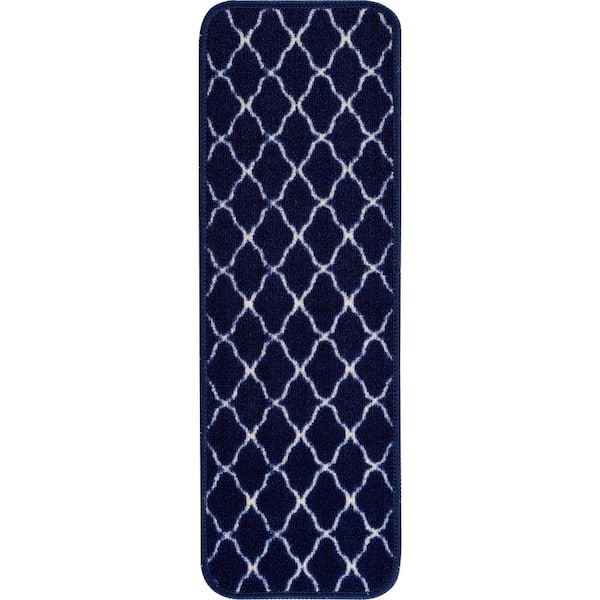 Beverly Rug Trellis Navy 26 in. x 8.5 in. Non-Slip Rubber Back Stair Tread Cover (Set of 15)