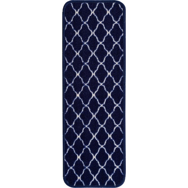 Beverly Rug Trellis Navy 26 in. x 8.5 in. Non-Slip Rubber Back Stair Tread Cover (Set of 8)