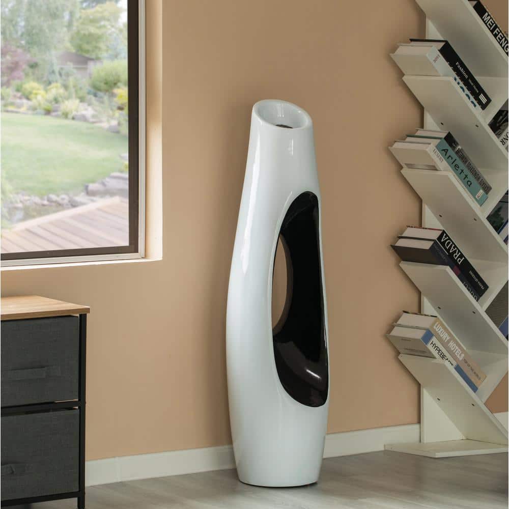 Elegant White and Gold 43" Decorative Floor Vase in Fiberglass