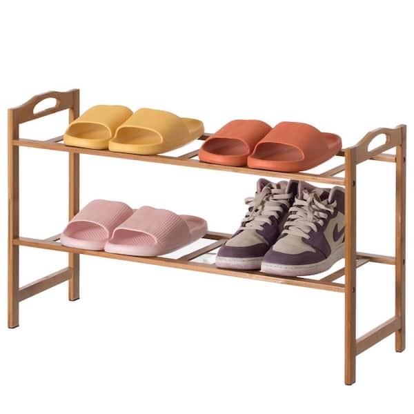 Basicwise 17 in. H, 6-Pairs, Natural Bamboo, Free Standing Shoe Storage Shoe Rack, 2 Tier