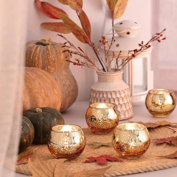 thumbnail image 2 of GUIFIER 12-Pack Mercury Glass Votive Candle Holders - Speckled Gold Tealight Holders 2 of 10