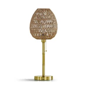 Kuta Oval 26.5 in. Brushed Brass Metal Table Lamp with Rattan Shade