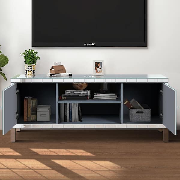 47 in. Silver Mirror TV Stand for 50 in. TVs-Modern MDF Console with M-Shape Mirror Doors and Open Storage Shelves