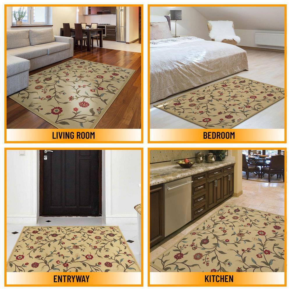 Beige Floral Leaves Design Washable Synthetic Area Rug
