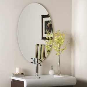 24 in. W x 32 in. H Frameless Oval Beveled Edge Bathroom Vanity Mirror in Silver