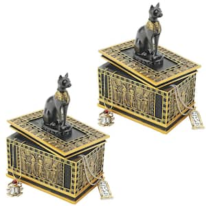 4.5 in. H Black and Gold Royal Bastet Egyptian Box (Set of 2)