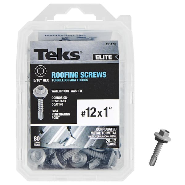 Teks #12 x 1 in. Steel External Hex Head Washer Drill Point Elite Sheet Metal Roofing Screws (80-Pack)