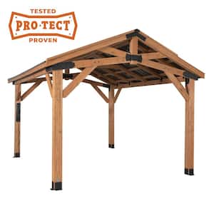 Norwood 14 ft. x 12 ft. All Cedar Wood Outdoor Gazebo Structure with Hard Top Steel Metal Peak Roof and Electric, Brown