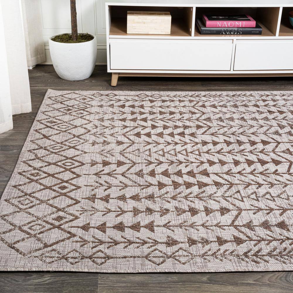 Beige and Brown Geometric Bohemian Indoor/Outdoor Area Rug
