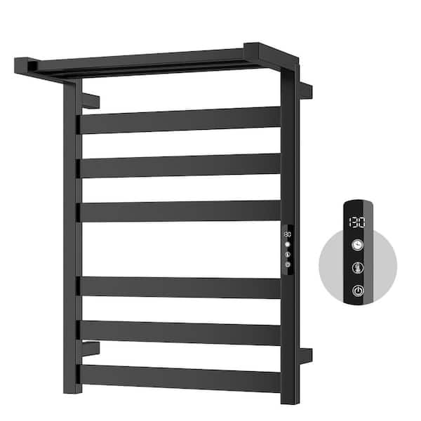 150W 6-Bar Wall-Mounted Towel Warmer in Black, Adjustable Top, Plug-In or Hardwired, Electric Heated Rack AW1006