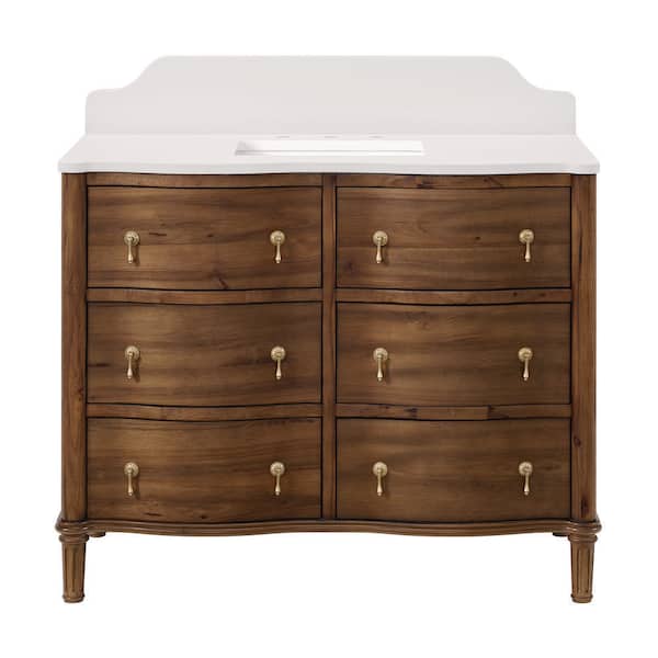 Guildhall 43 in. Single Sink Freestanding Bathroom Vanity in Warm Walnut with White Quartz Top (Assembled)