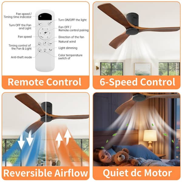 Artisan Series 52 in. Indoor Brown Low Profile 3-Blade Carved Wood Ceiling Fan with Remote Included Flush Mount