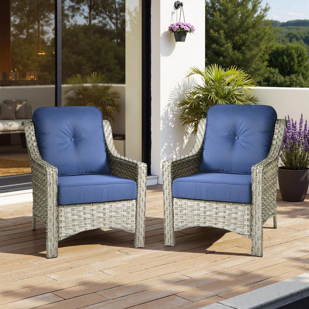 Ergonomic Arm 2-Piece Gray Wicker Outdoor Lounge Single Chair Patio Dining Chairs with Navy Blue for Backyard price history on PriceWatchPro