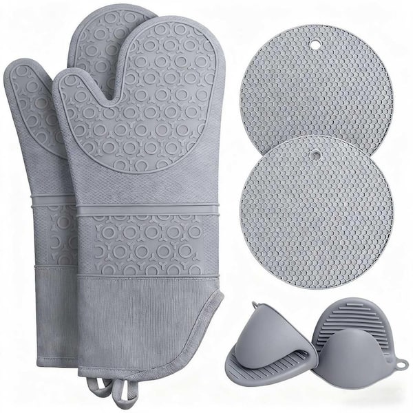 Gray Extra Long Silicone Oven Mitts and Pot Holders Set 6-Pack, High Heat Resistant 500° Non-Slip Potholders