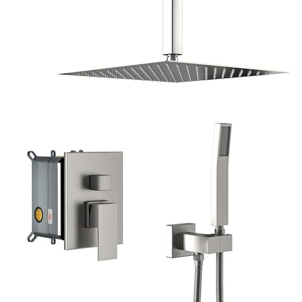 Aurora Decor ACA Single-Handle 2-Spray Patterns Square Shower Faucet with 1.8 GPM 10 in. in Ceiling Mount in Brushed Nickel
